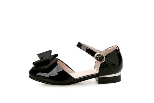 Big Kids' Hollow Velcro Patent Leather Shoes With Bow - Mubimart