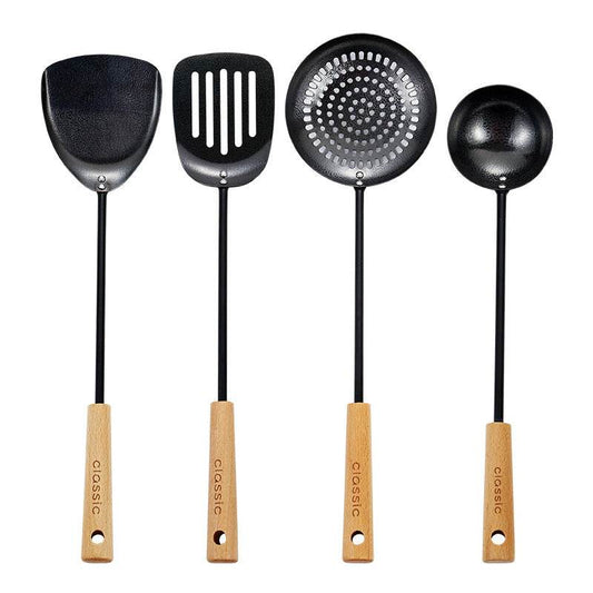 Black Pig Iron Spatula And Soup Spoon Household Non-stick Pan Long Handle Cooking Chef Shovel Colander Beech Handle Classical Kitchenware Set - Mubimart