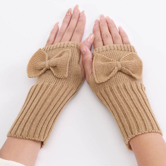 Bow Knitted Wool Keep Warm Half Finger Fingerless Gloves Success - Mubimart