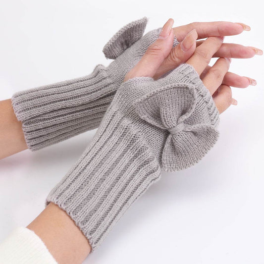 Bow Knitted Wool Keep Warm Half Finger Fingerless Gloves Success - Mubimart