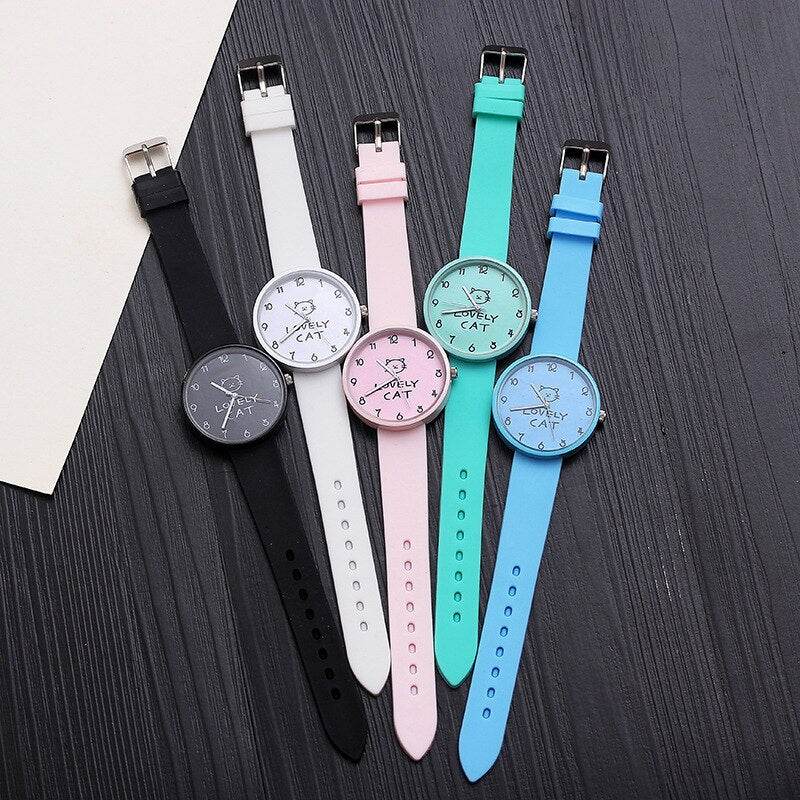 Cartoon Kids Quartz Watch Silicone Candy Color Student Watch Girls Clock Fashion Cat Watches Children Wristwatch Ladies Watch - Mubimart