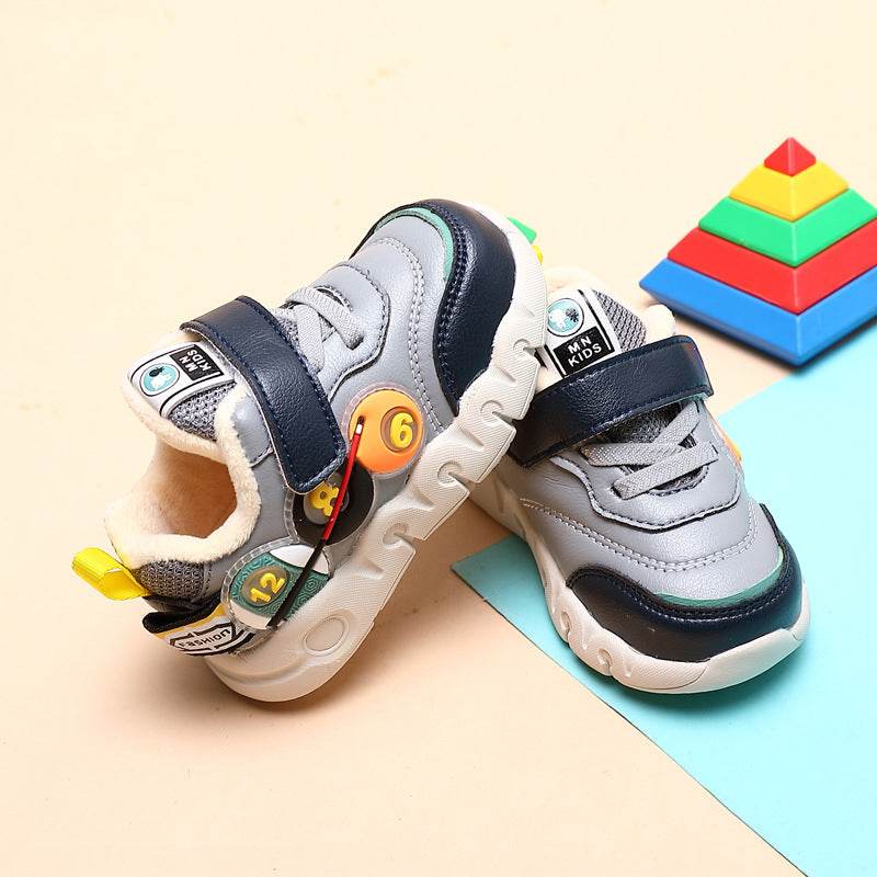 Children Leather Short Plush Sports Shoes Boys' Walking Cotton Shoes - Mubimart