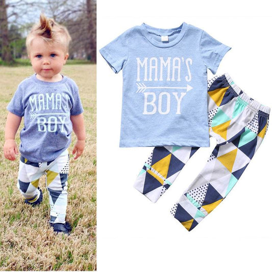 Children's Clothing Boy Suit Short-Sleeved T-Shirt Blue Letter Arrow Geometric Pants Baby Two-Piece Suit - Mubimart