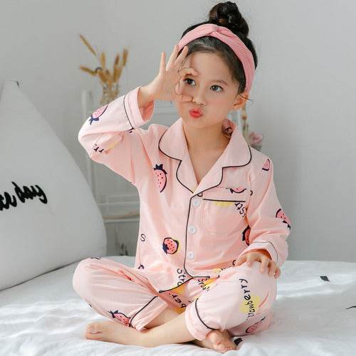 Children's Clothing Girls Cute Printing Long-sleeved Home Wear, Big Children's Thin Cotton Pajamas Set - Mubimart