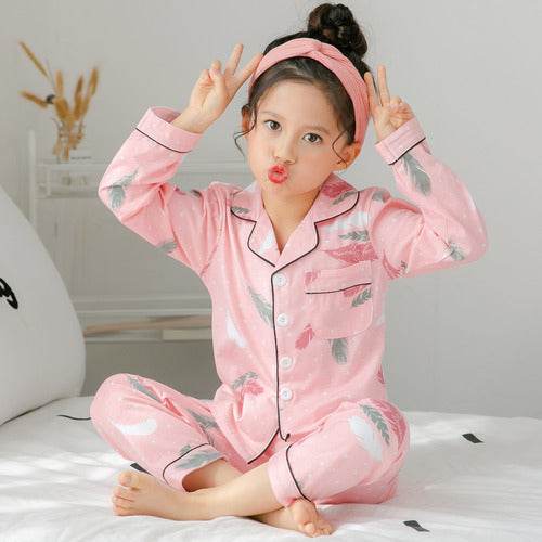 Children's Clothing Girls Cute Printing Long-sleeved Home Wear, Big Children's Thin Cotton Pajamas Set - Mubimart