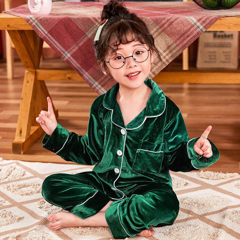 Children's Gold Velvet Solid Color Pajamas Set - Mubimart