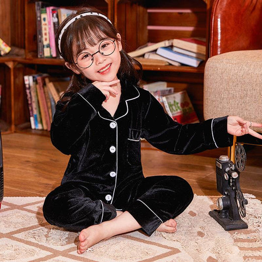 Children's Gold Velvet Solid Color Pajamas Set - Mubimart