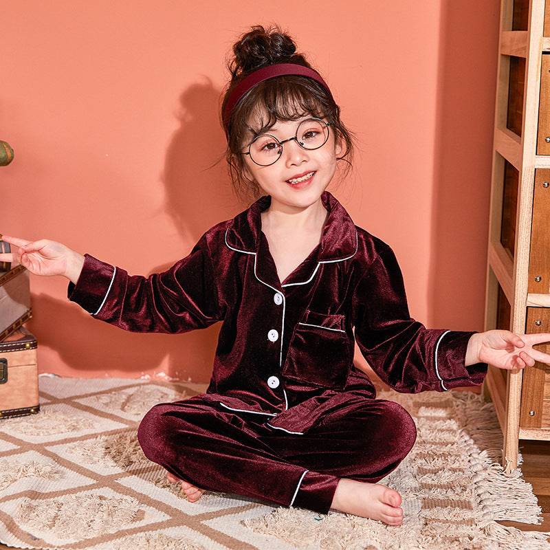 Children's Gold Velvet Solid Color Pajamas Set - Mubimart