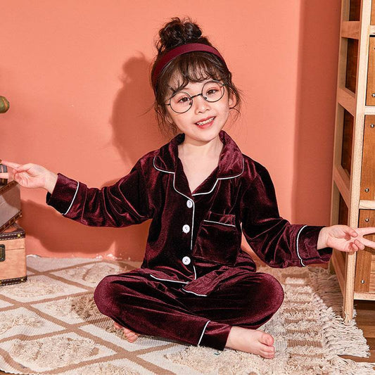 Children's Gold Velvet Solid Color Pajamas Set - Mubimart