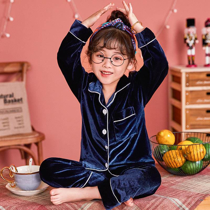Children's Gold Velvet Solid Color Pajamas Set - Mubimart