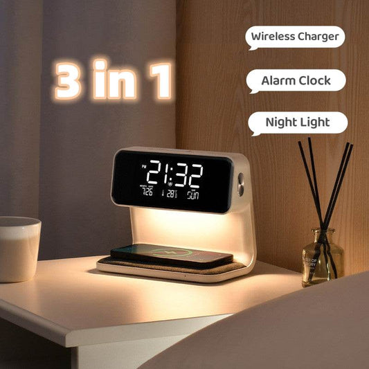 Creative 3 In 1 Bedside Lamp Wireless Charging LCD Screen Alarm Clock Wireless Phone Charger - Mubimart