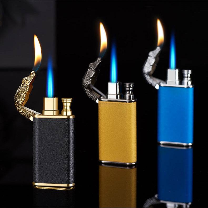 Creative Blue Flame Lighter Dolphin Dragon Tiger Double Fire Metal Winproof Lighter Inflatable Lighter - Mubimart