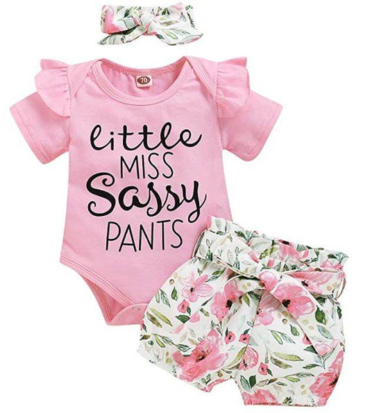 Cute Suit Baby Girl Flower Summer Printing Letter Cotton Three-piece Set - Mubimart