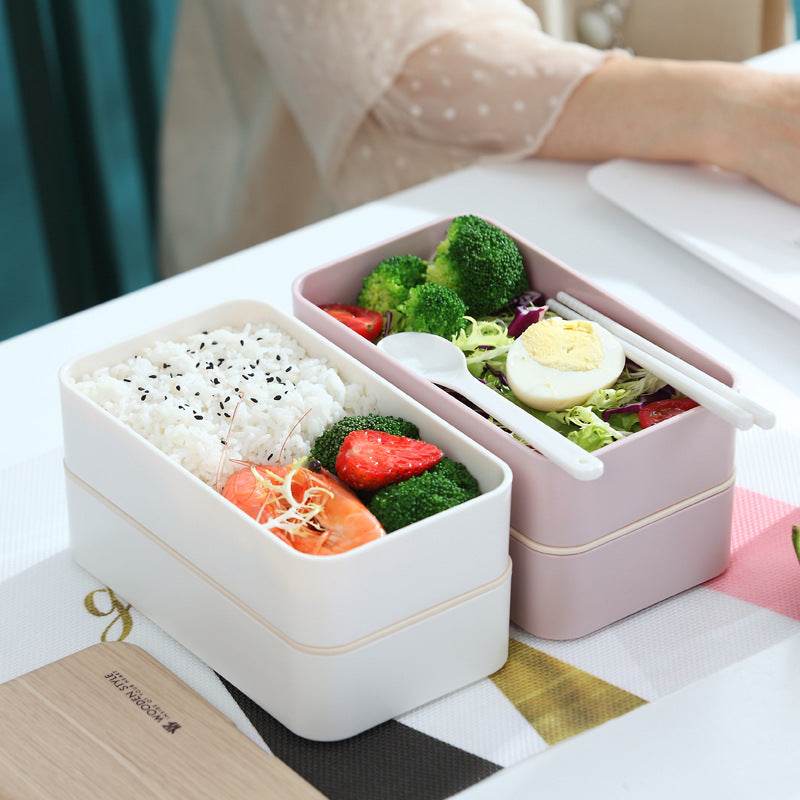 Double Plastic Compartment Lunch Box Student Microwaveable Lunch - Mubimart