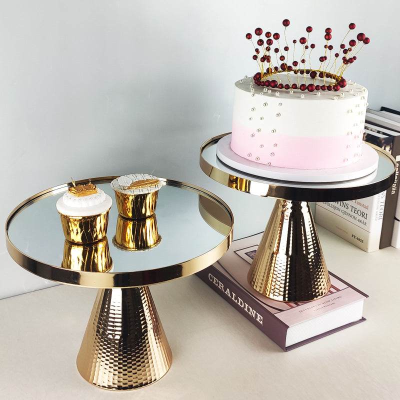 European Style Golden Cake Stand Glass Mirror Tray - Mubimart