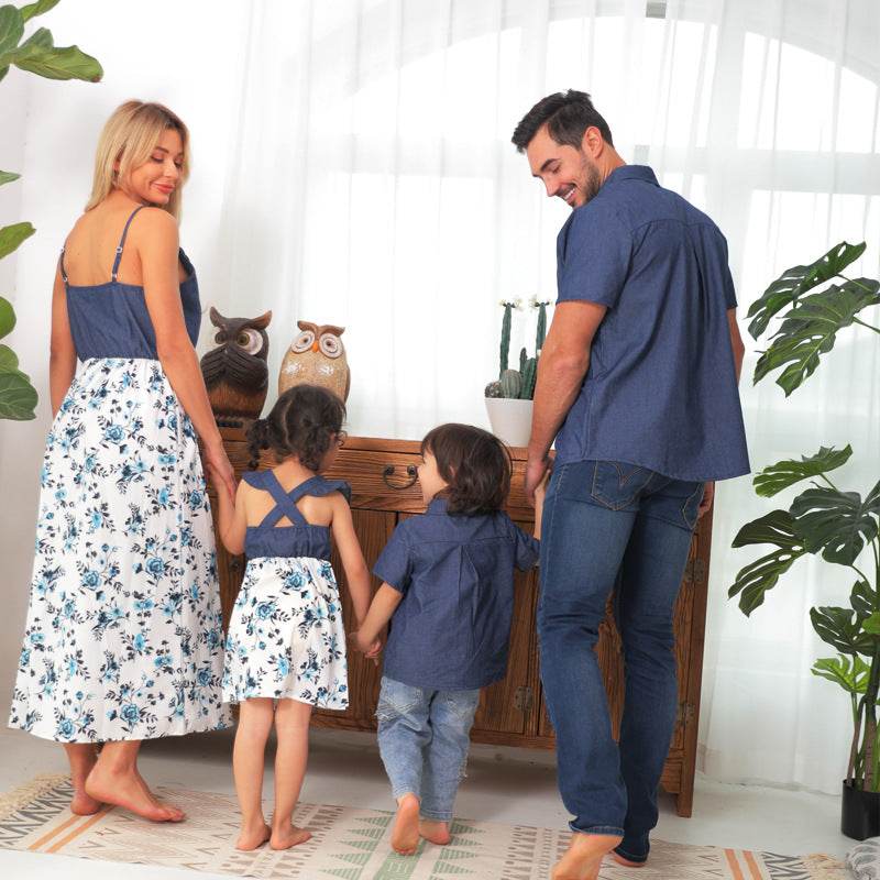Family Matching Family Denim Sling Skirt Baby Girl Mom Dad Boy Boy Shirt Parent-Child - Mubimart