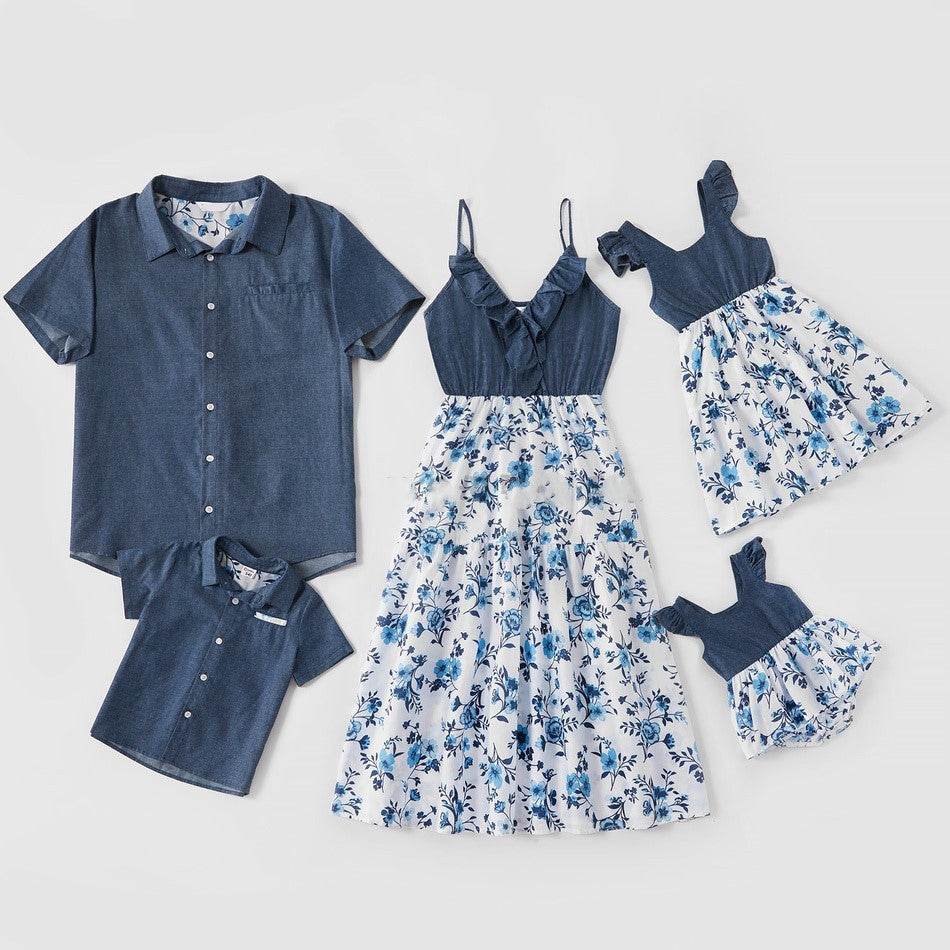 Family Matching Family Denim Sling Skirt Baby Girl Mom Dad Boy Boy Shirt Parent-Child - Mubimart