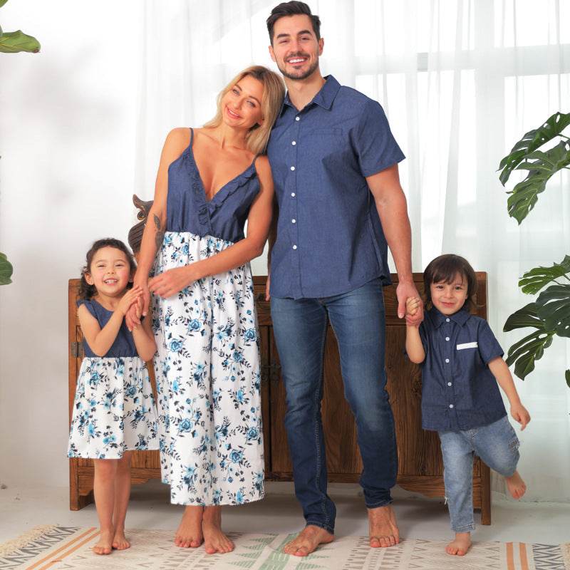 Family Matching Family Denim Sling Skirt Baby Girl Mom Dad Boy Boy Shirt Parent-Child - Mubimart