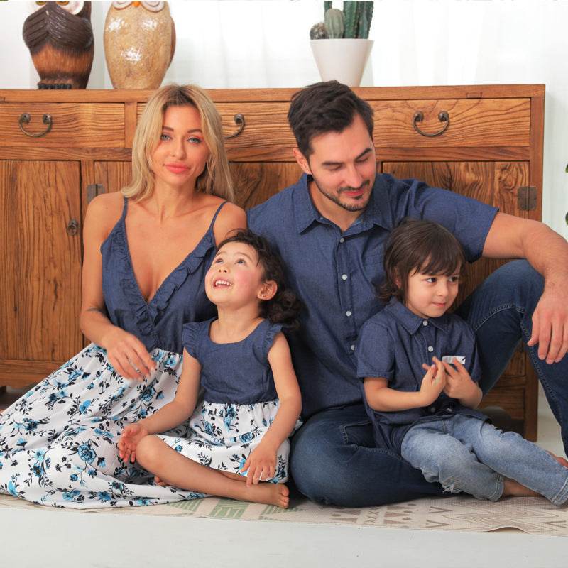 Family Matching Family Denim Sling Skirt Baby Girl Mom Dad Boy Boy Shirt Parent-Child - Mubimart