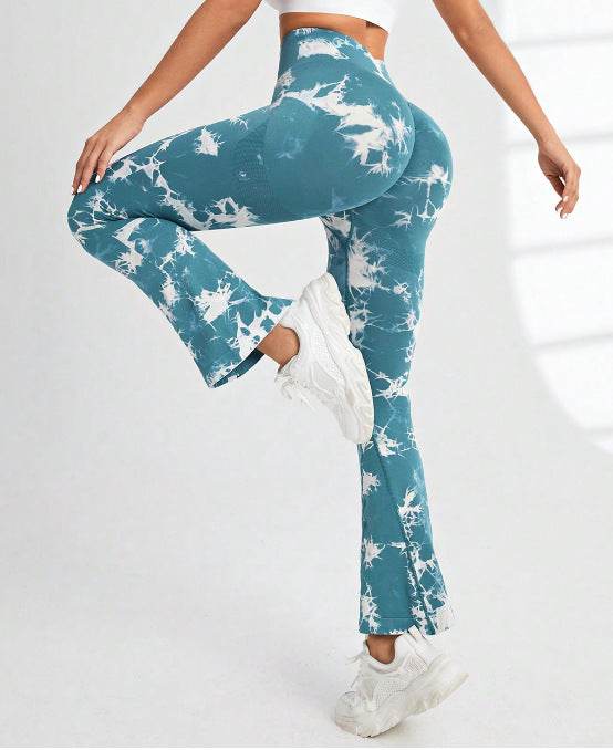 Fashion Tie Dye Printed Yoga Bell-Bottomed Pants Seamless High Waist Quick-drying Fitness Running Sports Leggings Women Flares - Mubimart