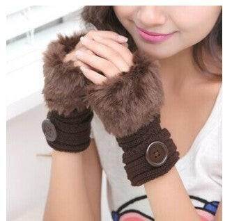 Faux rabbit fur warm fingerless wool winter knitted gloves women - Mubimart