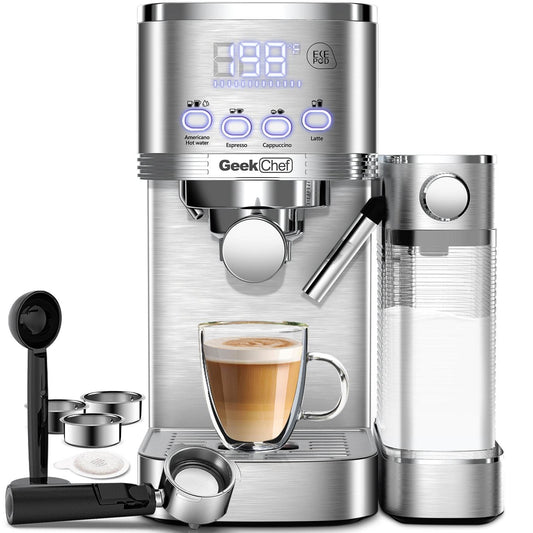 Geek Chef Espresso And Cappuccino Machine With Automatic Milk Frother,20Bar Espresso Maker For Home, For Cappuccino Or Latte,with ESE POD Filter, Stainless Steel, Gift For Coffee Lover Ban On Amazon - Mubimart