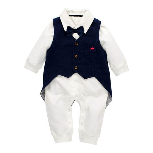 Gentleman Boys One-Piece Long Sleeve Climbing Suit Tuxedo Waistcoat Baby Boy Infant Toddler Set - Mubimart