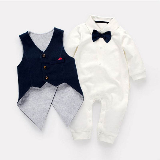 Gentleman Boys One-Piece Long Sleeve Climbing Suit Tuxedo Waistcoat Baby Boy Infant Toddler Set - Mubimart