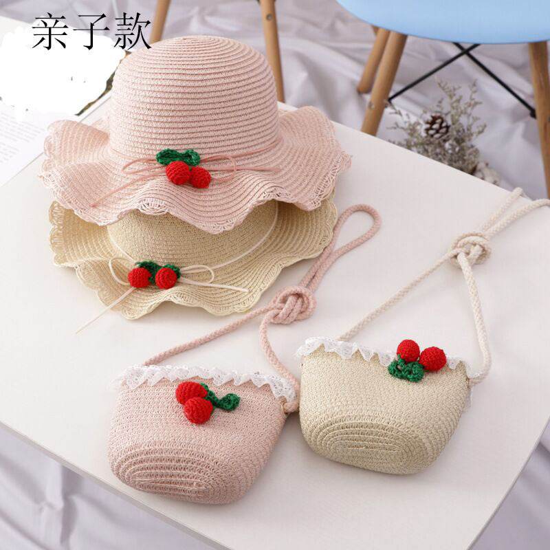 Girl Cherry Straw Hat Bag Set Princess Hat Beach Hat Sun Hat - Mubimart
