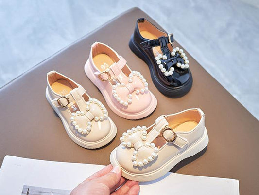 Girl Princess Bow Pearl Small Leather Shoes For Girls - Mubimart