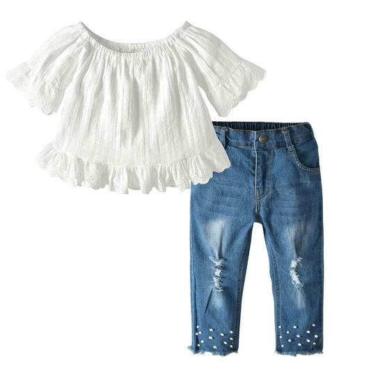 Girls Lace Pearl Jeans Set - Mubimart
