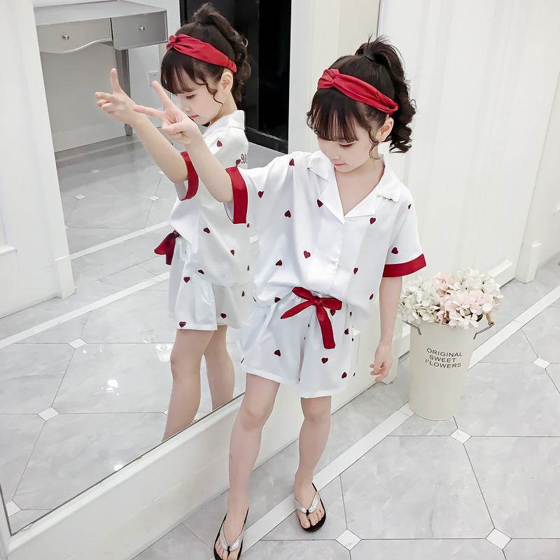 Girls Summer Cartoon Pajamas Short-sleeved Shorts Two-piece Suit - Mubimart