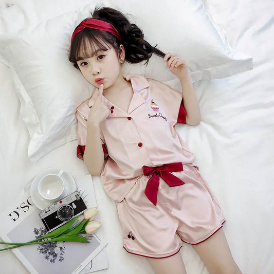 Girls Summer Cartoon Pajamas Short-sleeved Shorts Two-piece Suit - Mubimart