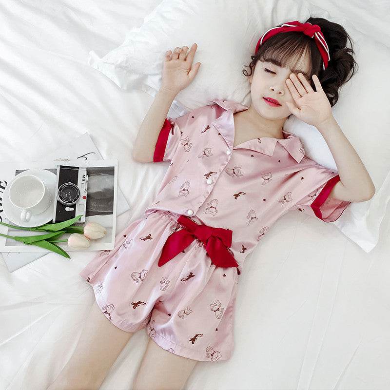 Girls Summer Cartoon Pajamas Short-sleeved Shorts Two-piece Suit - Mubimart