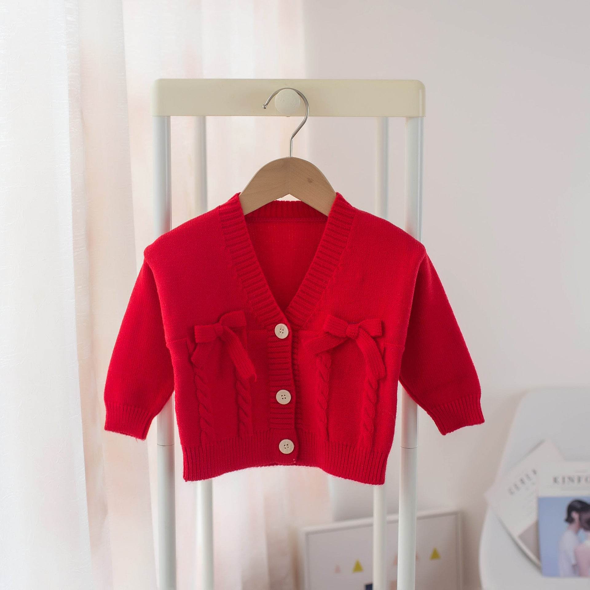 Girls V-Neck Bow Knot Kids Cardigan Kids Sweater - Mubimart