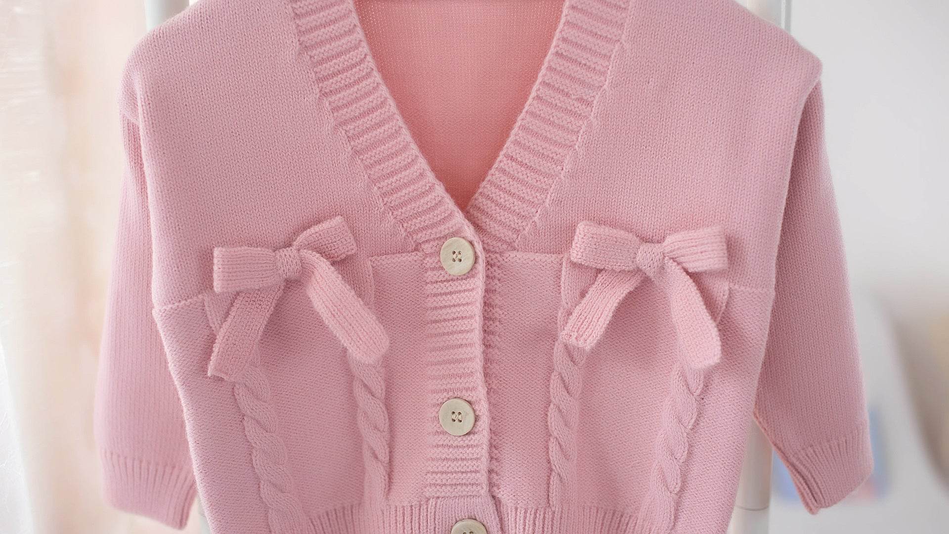 Girls V-Neck Bow Knot Kids Cardigan Kids Sweater - Mubimart