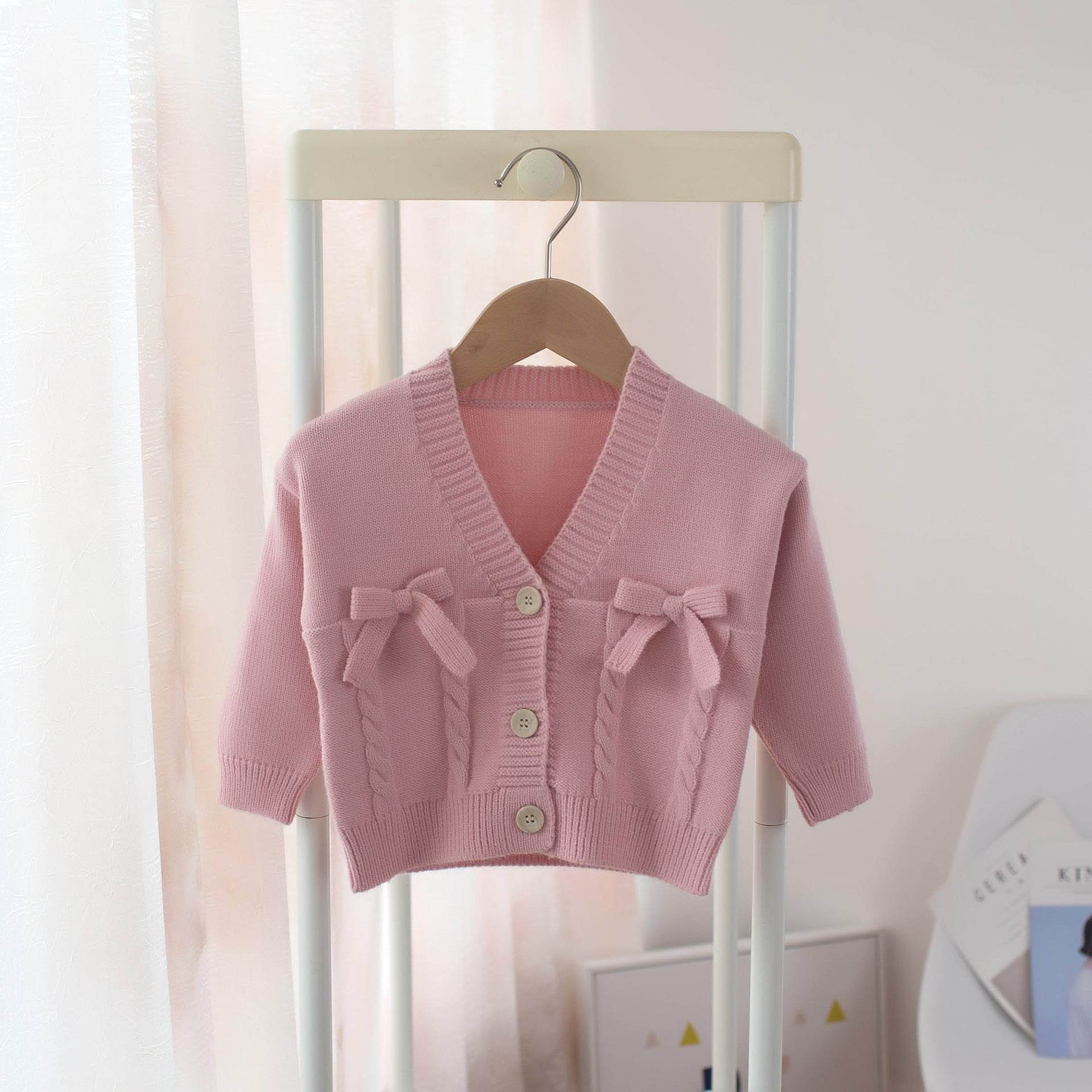 Girls V-Neck Bow Knot Kids Cardigan Kids Sweater - Mubimart