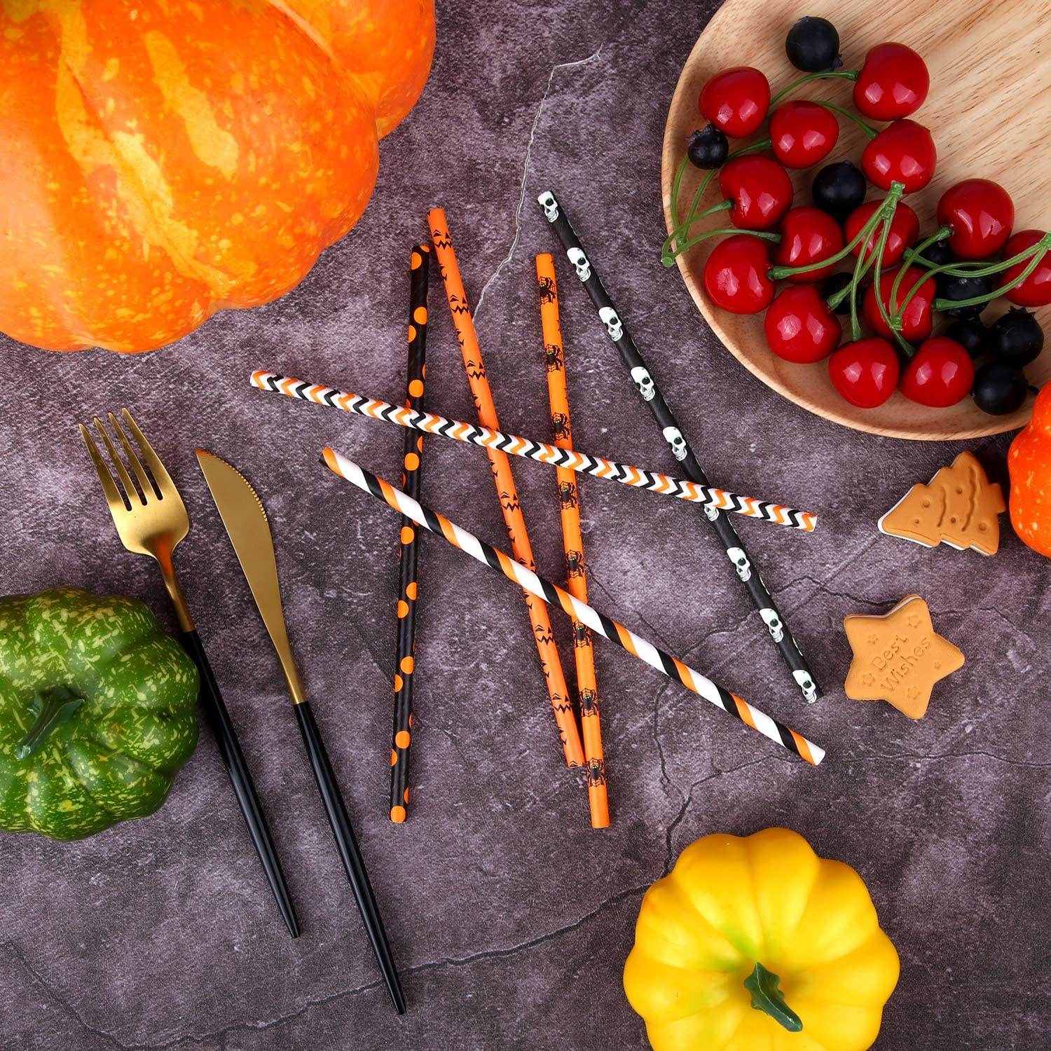 Halloween Biodegradable Drinking Paper Straws Pumpkin Bat Sp - Mubimart