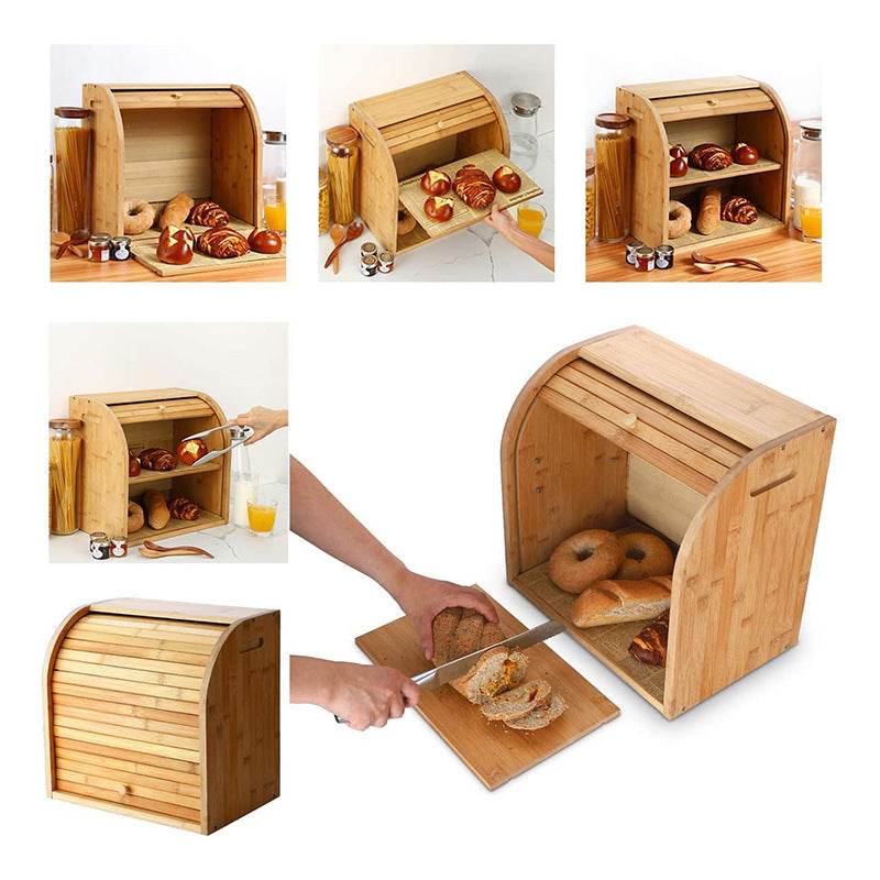 Home Fashion Bamboo Two Layer Bread Box - Mubimart