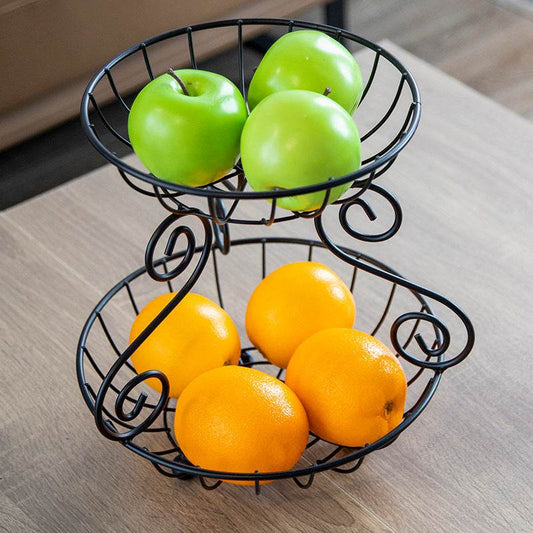Household Iron 2 Tier Fruit Basket Vintage Style Storage Basket Living Room Fruit Basket Creative Iron Snack Container Black - Mubimart