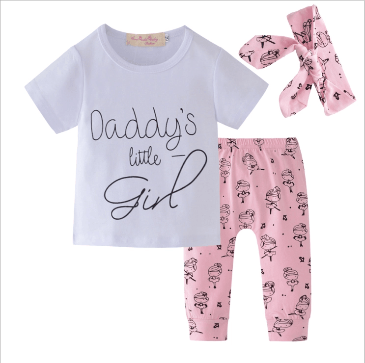 Infant Baby Girls Clothes Daddy's Little Girl T-shirt Cartoon Pants Headband Toddler Outfits Clothing Set - Mubimart