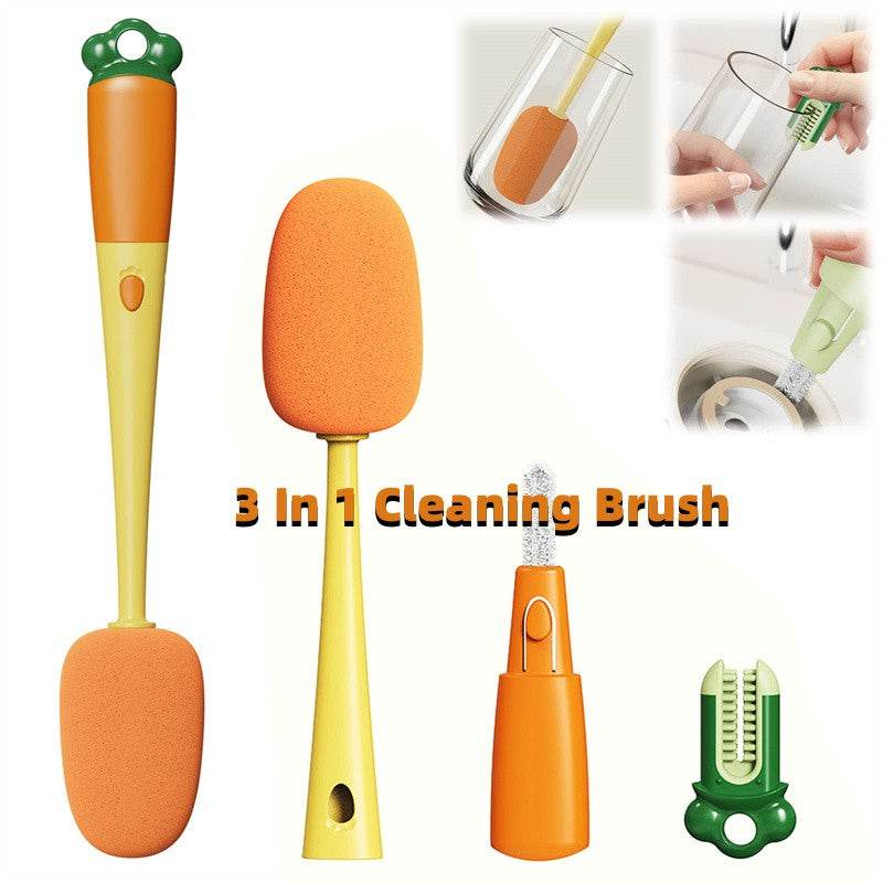 Kitchen 3 In 1 Multifunctional Cleaning Cup Washer Brush Long Handle Carrot Water Bottle Cleaning Brush - Mubimart
