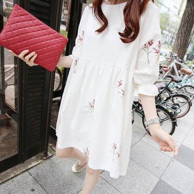 Korean Cotton And Linen Embroidery Maternity Dress And Nursing Clothes - Mubimart