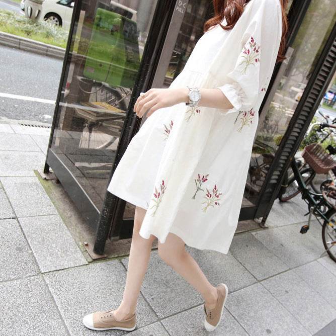 Korean Cotton And Linen Embroidery Maternity Dress And Nursing Clothes - Mubimart
