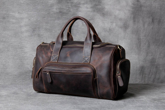Leather Big Travel Bag Men'S And Women'S European And American Retro Hand Luggage Bag - Mubimart