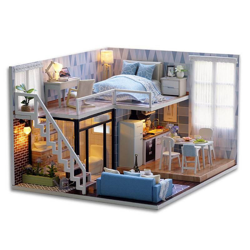 Light Blue Time Handmade Doll House - Mubimart