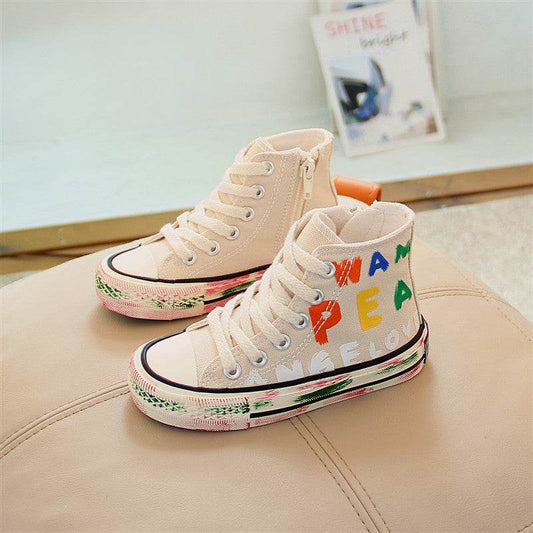 Little White Shoes Boys High-top Sneakers Graffiti Casual Shoes - Mubimart