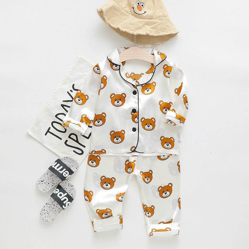 Long sleeve ice silk bear pajamas set for boys and girls - Mubimart