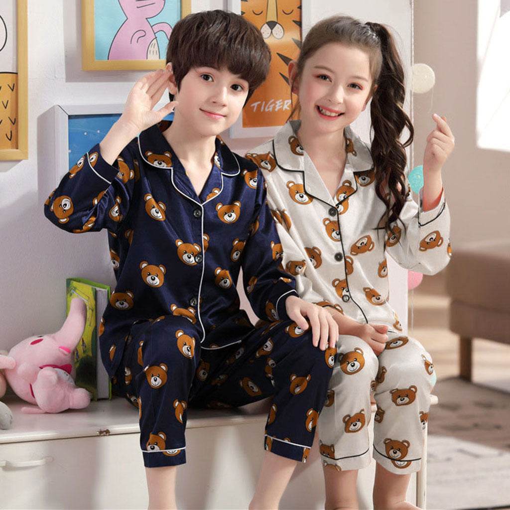 Long sleeve ice silk bear pajamas set for boys and girls - Mubimart