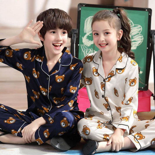 Long sleeve ice silk bear pajamas set for boys and girls - Mubimart